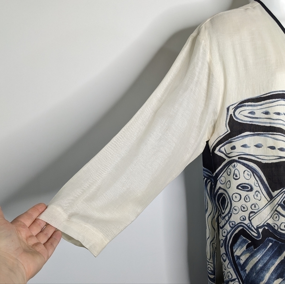 Vintage Dorothy Schoelen Platinum white blue tan tie closure cardigan jacket L - Picture 6 of 12